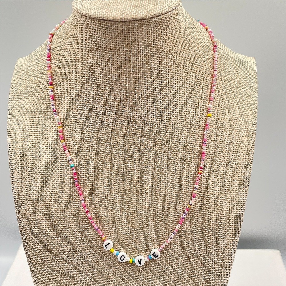 Vintage Boho Beaded LOVE Necklace Pink White Seed Bead Choker Fun Colorful Gift